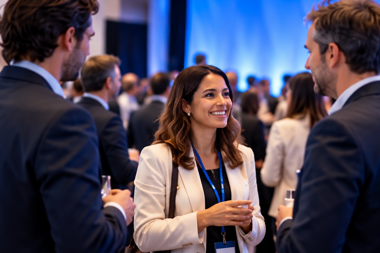Imagem ilustrativa de participantes conversando em um congresso com palco azul ao fundo